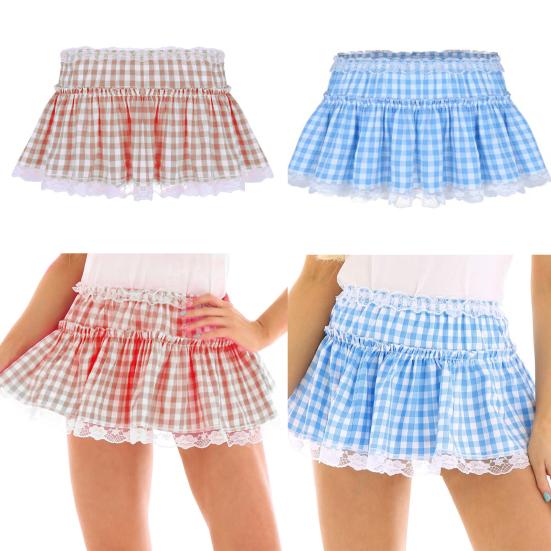 Mini Skirt Mid-rise Elastic Waist Plaid Print Lace Stitching Ruffle Short Skirt A-Line Halloween Cosplay Role-Playing Skirt