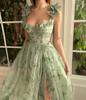 LSYX Sage Green 3D Lace Butterfiles Sweetheart Prom Dresses 2023 Spaghetti Straps A-Line High Slit Fairy Evening Gown
