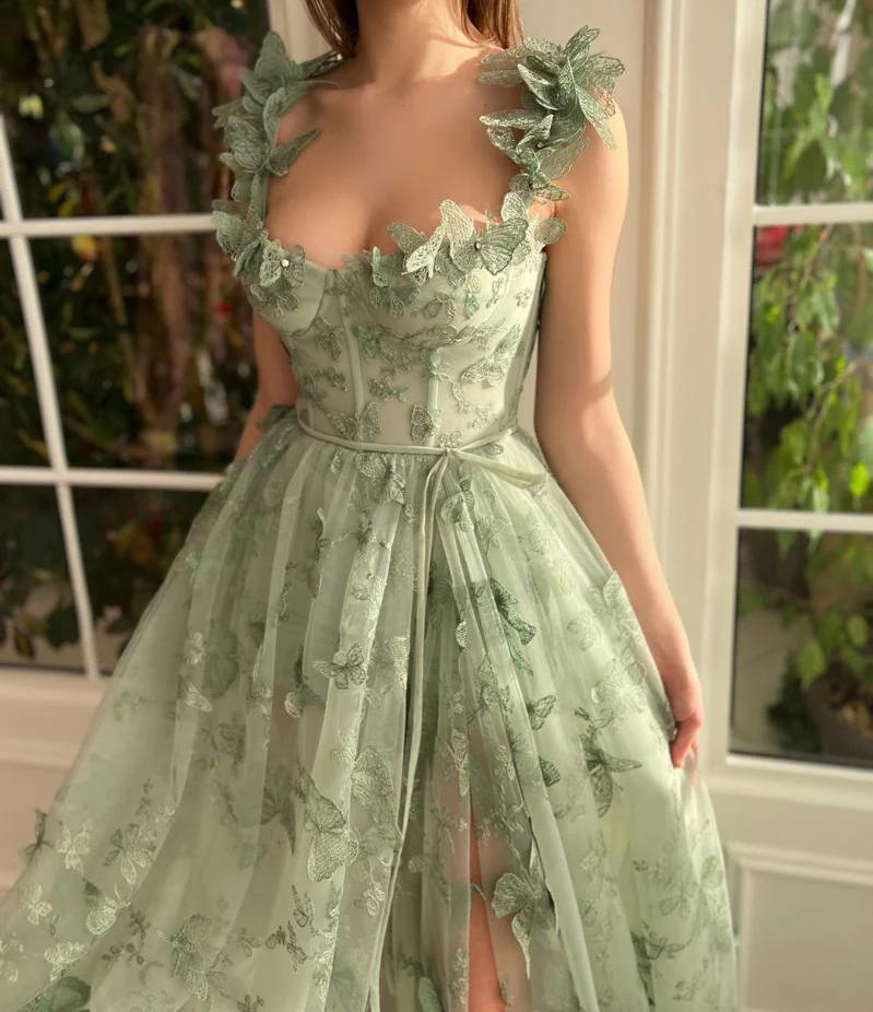 LSYX Sage Green 3D Lace Butterfiles Sweetheart Prom Dresses 2023 Spaghetti Straps A-Line High Slit Fairy Evening Gown