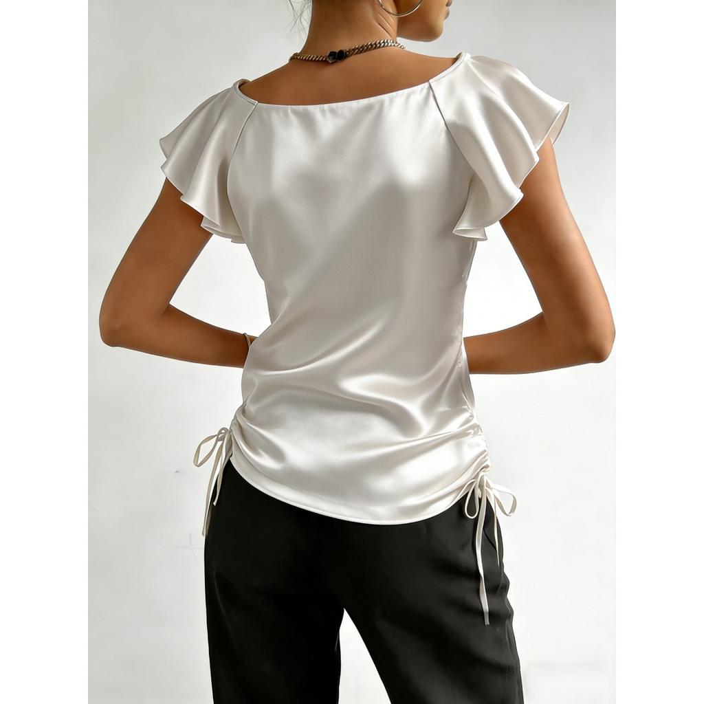 Neues Satin-V-Ausschnitt-Rüschen-Kordelzug-Oberteil im französischen Stil für Damen, Modebluse im europäischen amerikanischen Stil