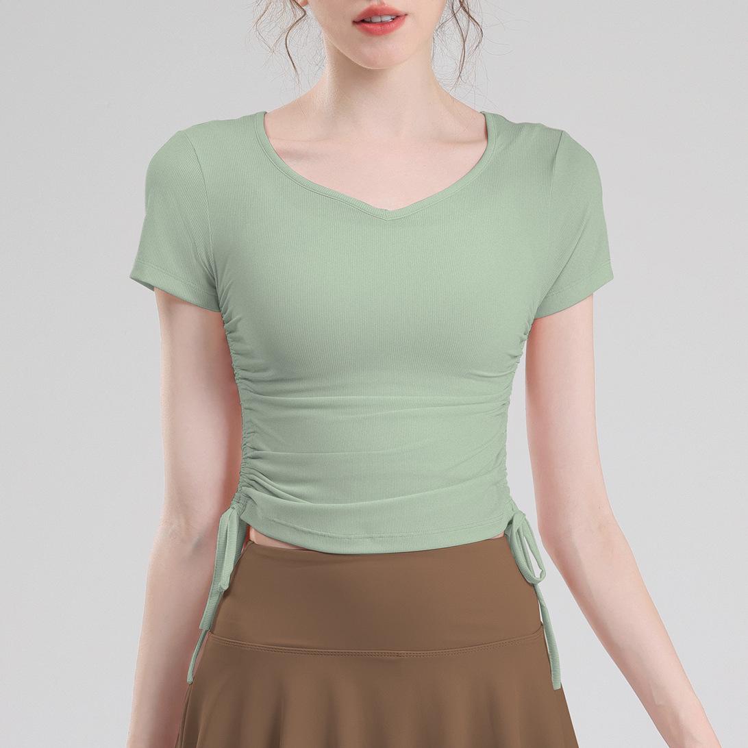 

Женская весенне-летняя дышащая фитнес-футболка с V-образным вырезом – утягивающая спортивная одежда с коротким рукавом Large зелёный