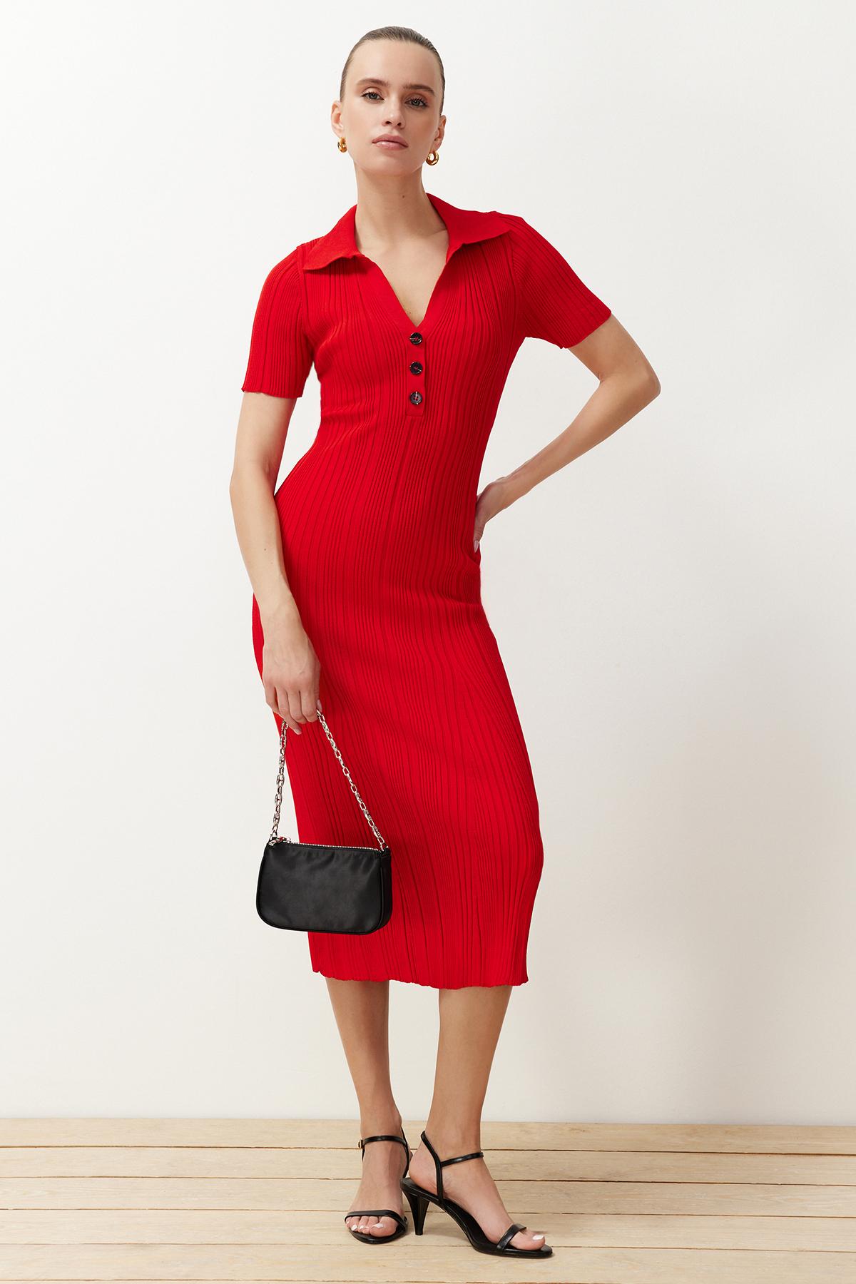 

Women s Dress New Season Fashion Red Plain Maxi Knitwear Polo Collar S лавовий