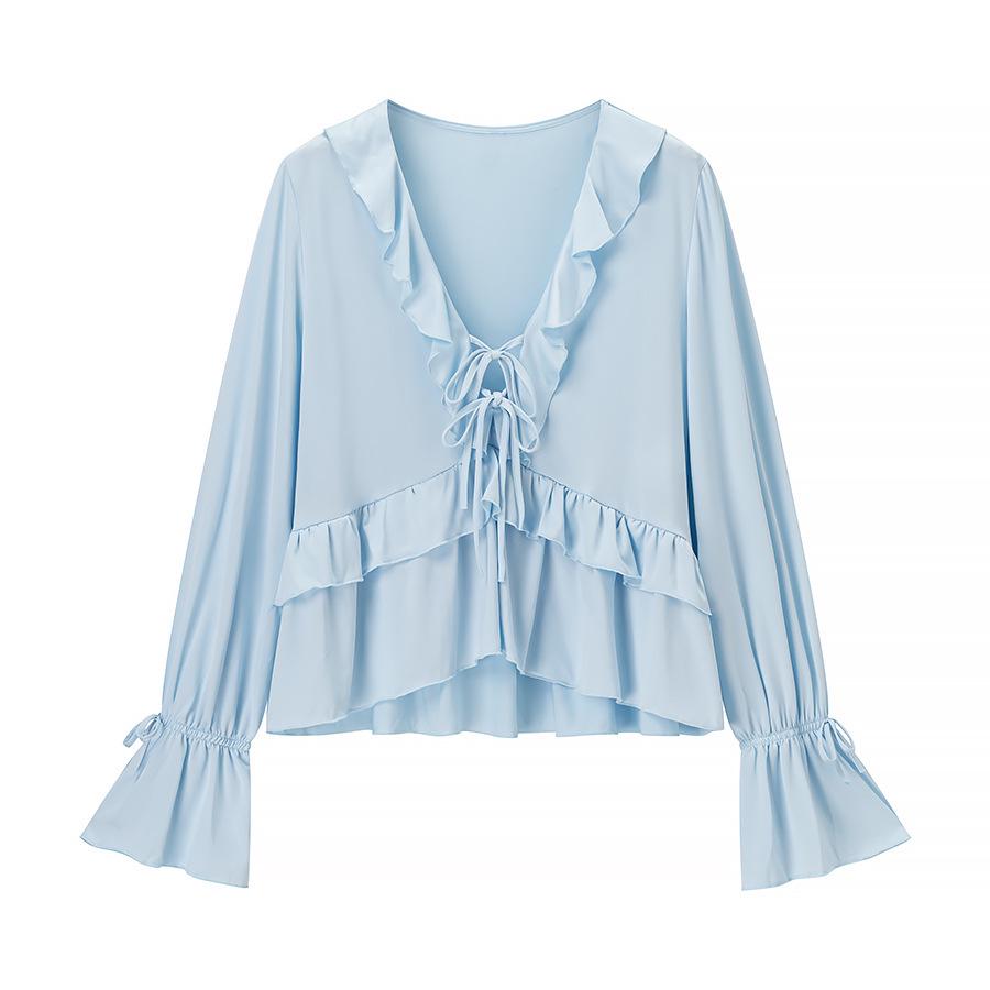 European & American Style Romantic Lace-up Ruffle Top and Long Skirt Set