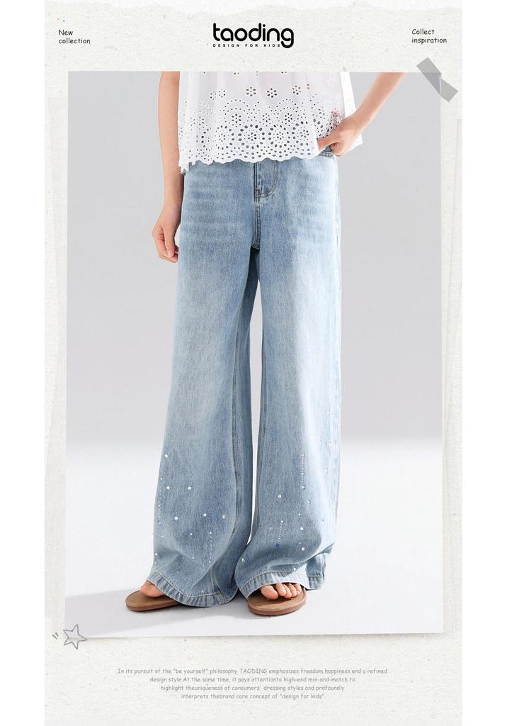Summer Rhinestone Girls' Wide-Leg Jeans: Loose, Versatile, Straight-Leg Long Pants