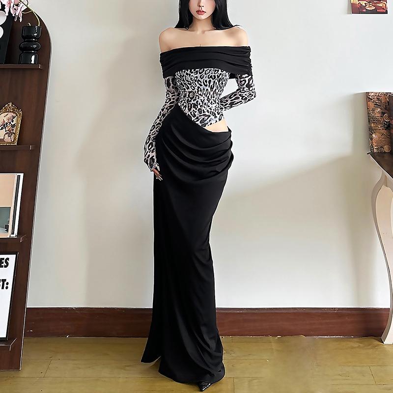 Women's Fall/winter Street Fashion Sexy One-line Collar Long-sleeved Dress