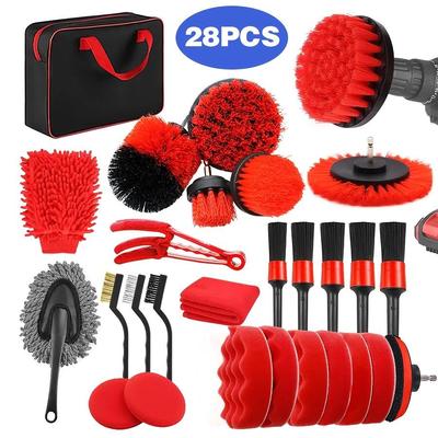 Red 28-Piece Car Cleaning Brush Set for Tires and Interior with Electric Drill Attachment