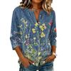 Women's Vintage Floral Print Henley Button Neck Three Quarter Sleeve Linen Cotton Blouse Casual Loose Fit Shirt for Everyday Wear