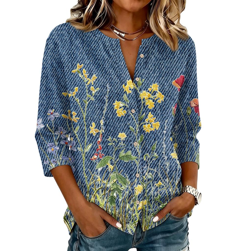 Women's Vintage Floral Print Henley Button Neck Three Quarter Sleeve Linen Cotton Blouse Casual Loose Fit Shirt for Everyday Wear