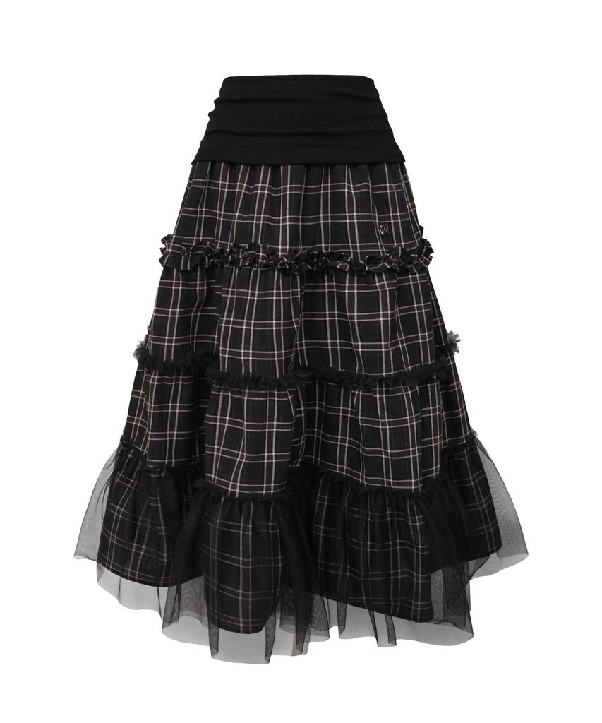 Mileko Folded Check Frill Mesh Sk Black
