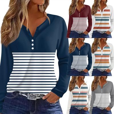 Tricou de damă cu imprimeu, cu nasturi, cu mânecă lungă, pentru zi de zi, modă de weekend, basic, cu gât în V, top regular