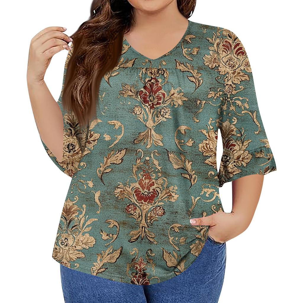 Women's Fashion Casual Retro Printed V-Neck Seven-Point Sleeve Ruffle Sleeve T-Shirt Tops Plus Size Women's