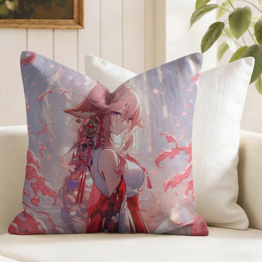 Yae Shrine Maiden Genshin Impact Cushion Cover Natural Linen Double Sided Print Throw Pillow Case for Sofa Couch Home Decor