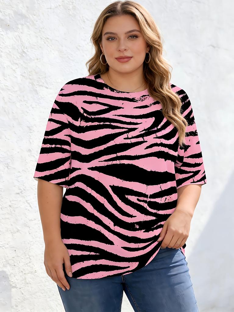 Large Size - Pink Zebra Print Women's Short-sleeved T-shirt Double-sided Full-print Casual Sports Top