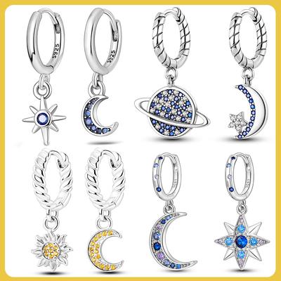 Stars Moon Sun Stud Earrings 925 Silver Hoop Earring Zircon For Women Making Jewelry Gift For Girl Women