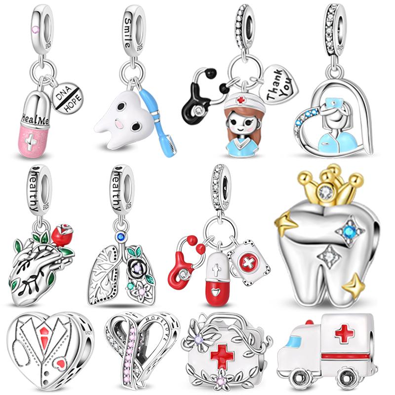 copper Health Collection Nurse Heart Lung Pendant Charm Bead Charms Jewellery Compatible With Authentic Bracelets Necklaces for Women Do It Yourself G