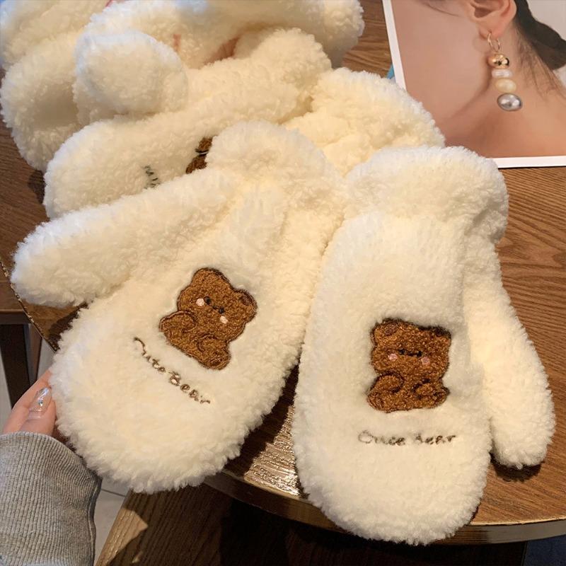 Winter Cute Plush Gloves Female Student Plush Thickened Versatile Finger Furry Neck Riding Windproof and Cold