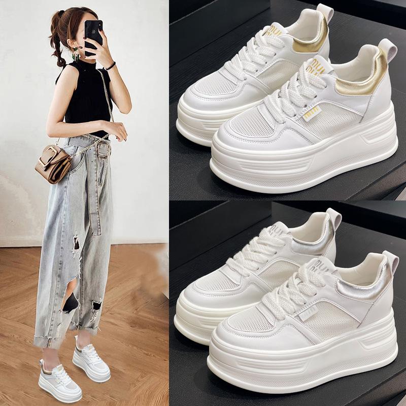 Leather little white shoes women's new single-mesh breathable thick-soled heightening sports and leisure shoes versatile muffin board shoes