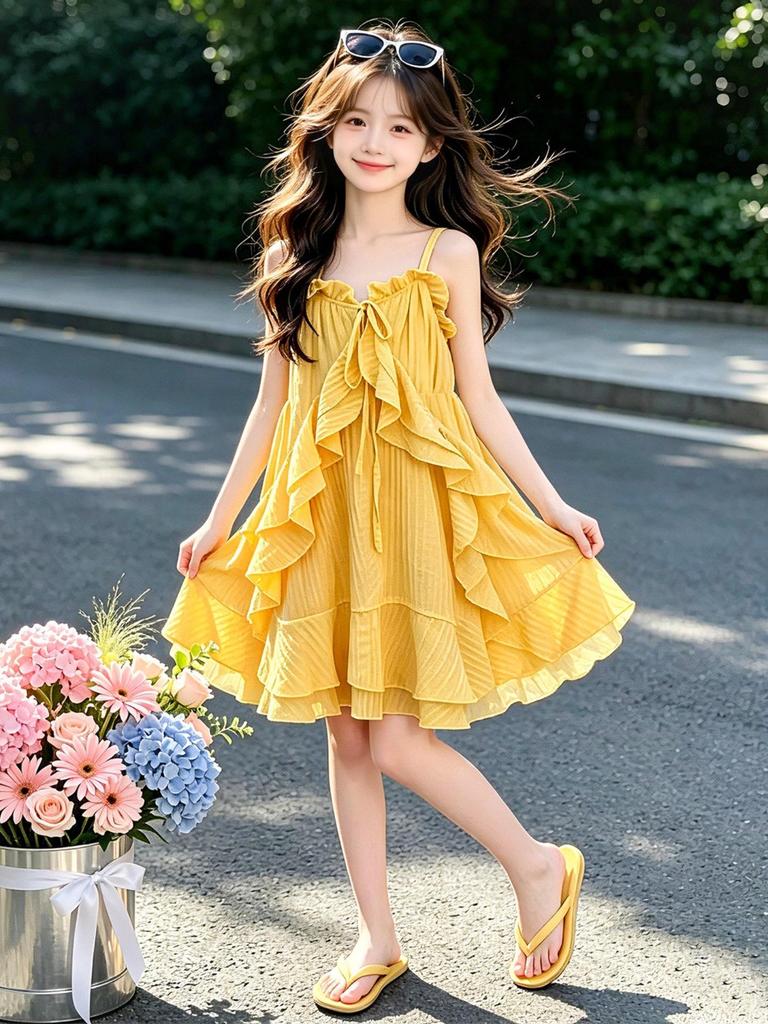 Girls' Ruffle Strappy Summer Lace Dress, 2026 New Arrivals - Princess Style Beach Vacation Dress for Middle and Older Children