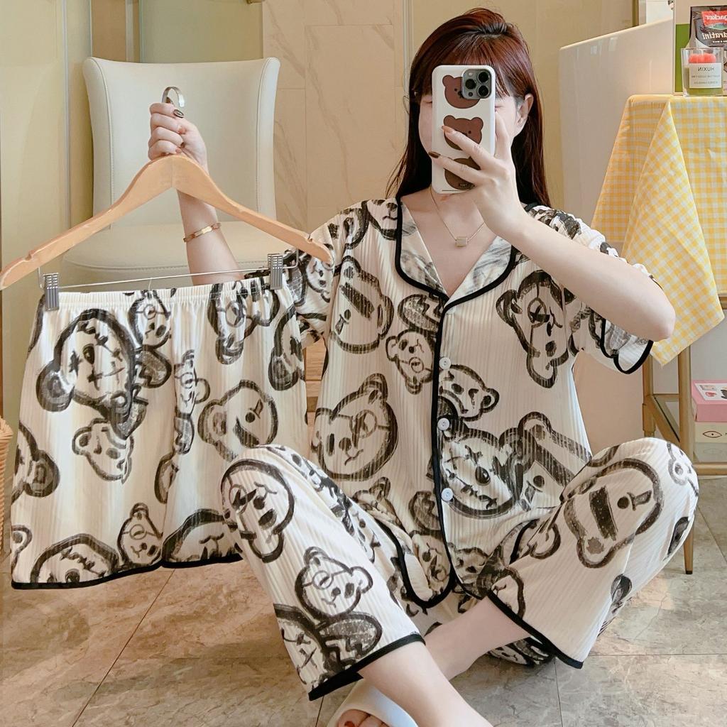 Short-Sleeved Pajamas Three-Piece Korean Version Of Sweet And Cute Cardigan Women'S Loungewear
