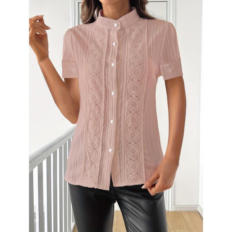 Summer New Fashion Women's Short-sleeved Stand-up Collar Top Lace Embroidered Temperament Commuter Shirt
