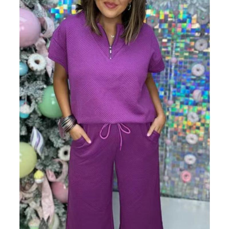Women's Fashion Casual Summer Spring Solid Color Print Short Sleeve V-Neck Trousers Pants Suits