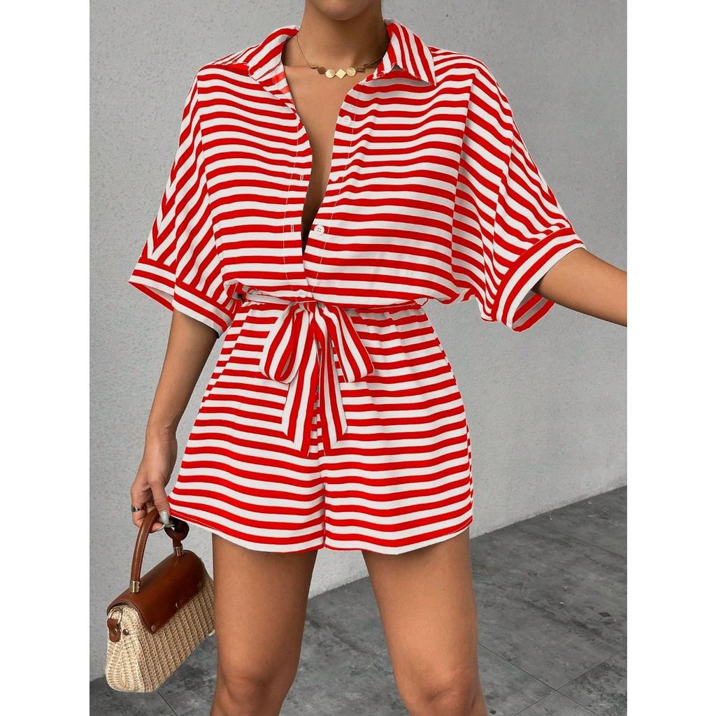 Summer Women's New Striped Lapel Button-up 1/2 Sleeves Jumpsuit Shorts, European American Style Casual Outfit for Crossborder