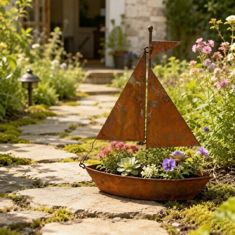 Versatile Metal Sailboats Flower Pot Artistic Sailboats Shape Alloys Planter for Home Office Or Garden Decoration