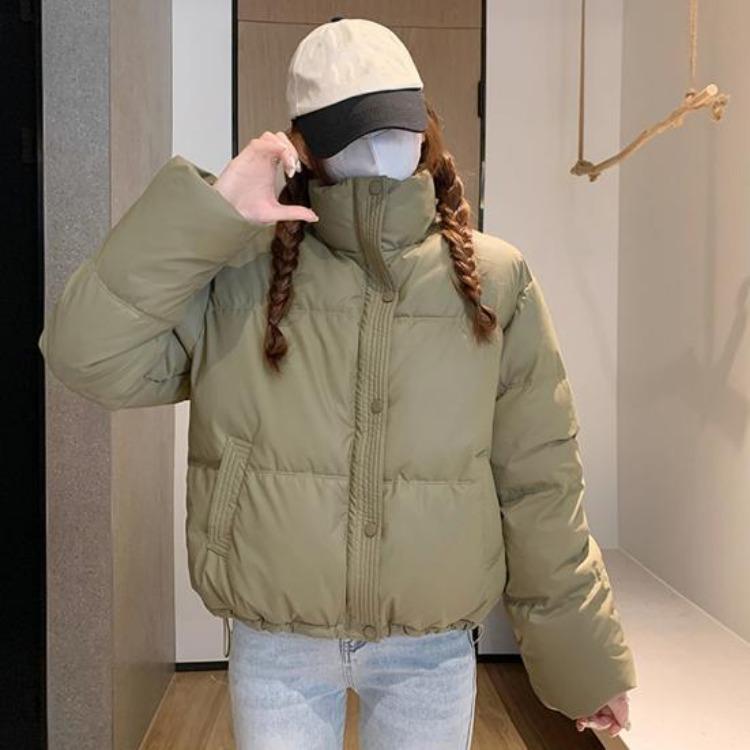 Winter Warm Women Cotton Coat Stand Collar Thickened Lightweight Long Sleeve Solid Color Outwear with Pockets
