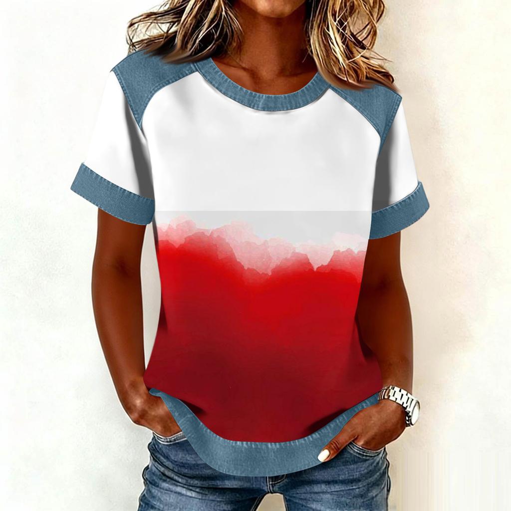Women Denim Collar Patchwork Stitching Sweatshirt Casual  Printed Pullover Short Sleeve Shirts