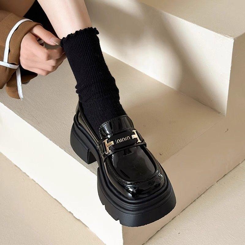 Small leather shoes women's new spring and autumn thick-soled one-pedal versatile black uniform single shoes