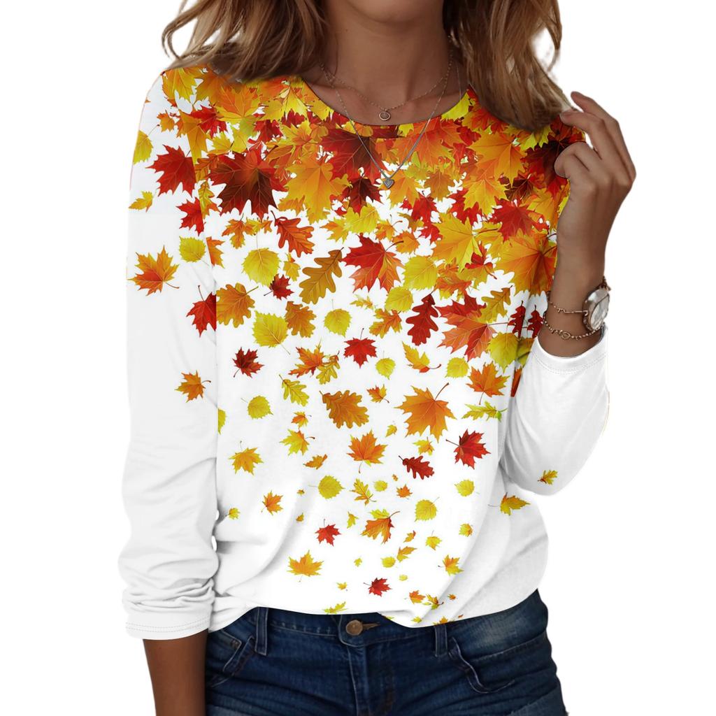 Women's Casual Long Sleeve Blouse with Leaves Print Round Neck Top for Everyday Wear