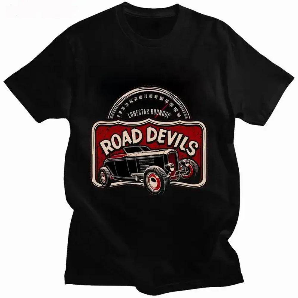 Vintage Road Devils Car T Shirt Men Summer New Arrival O-neck Industrial Style DIY Black T-shirts Leisure