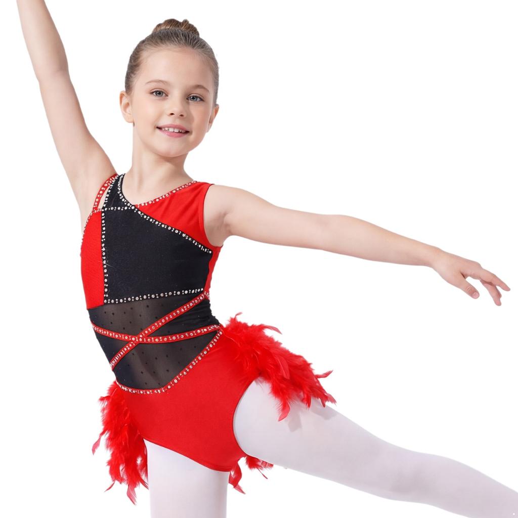 Girls Latin Dance Rhinestone Feather Asymmetrical Sleeveless Press Button Crotch Mesh Bodysuit