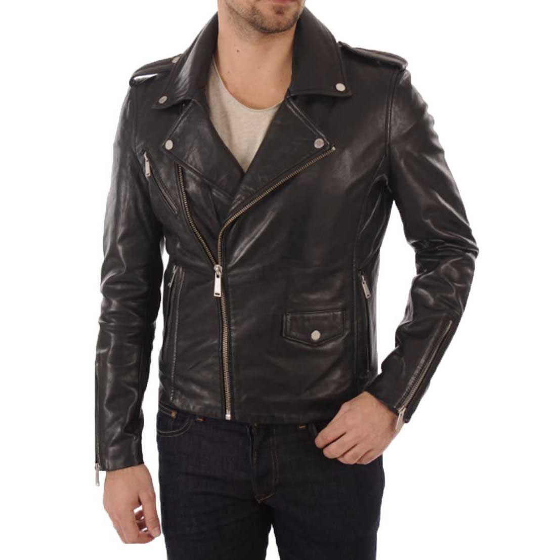 

SkinOutfit Men s Genuine Lambskin Black Leather Jacket Stylish Motorcycle Bomber Biker Outerwear MJ 06 3XL чорний