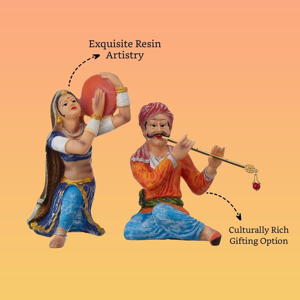 Resin Rajasthani Traditional Musical Couple Decorative Showpiece for Home Decor (Pack of 2, Multicolor)