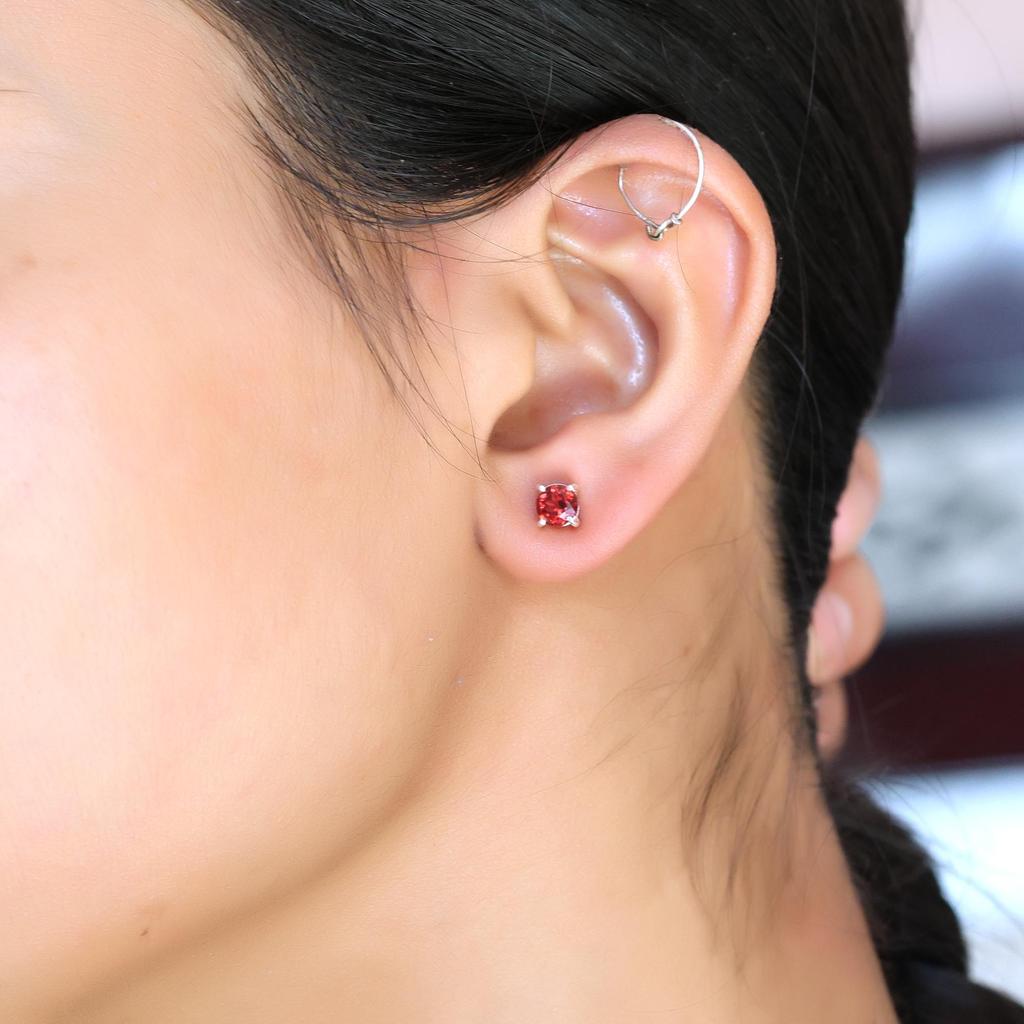 Faceted Red Garnet Silver Stud Earring 925 Sterling Silver Handmade Jewelry Gift For Her