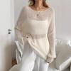 Locker Gestrickter Pullover Damen Herbst Leicht Durchsichtig Oversize Rundhalsausschnitt Glockenärmel Pullover