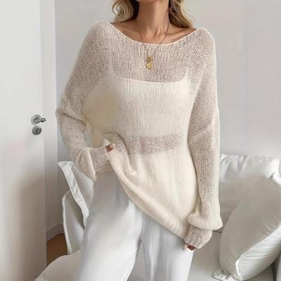 Los Gebreide Trui Dames Herfst Lichtgewicht Doorzichtig Oversized Ronde Hals Wijde Mouwen Pullover