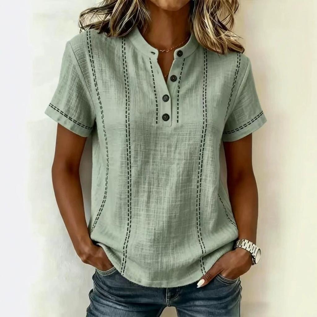 Camicia da Donna Estiva Casual Stampata a Bottoni con Scollo a Girocollo a Maniche Corte Ampia