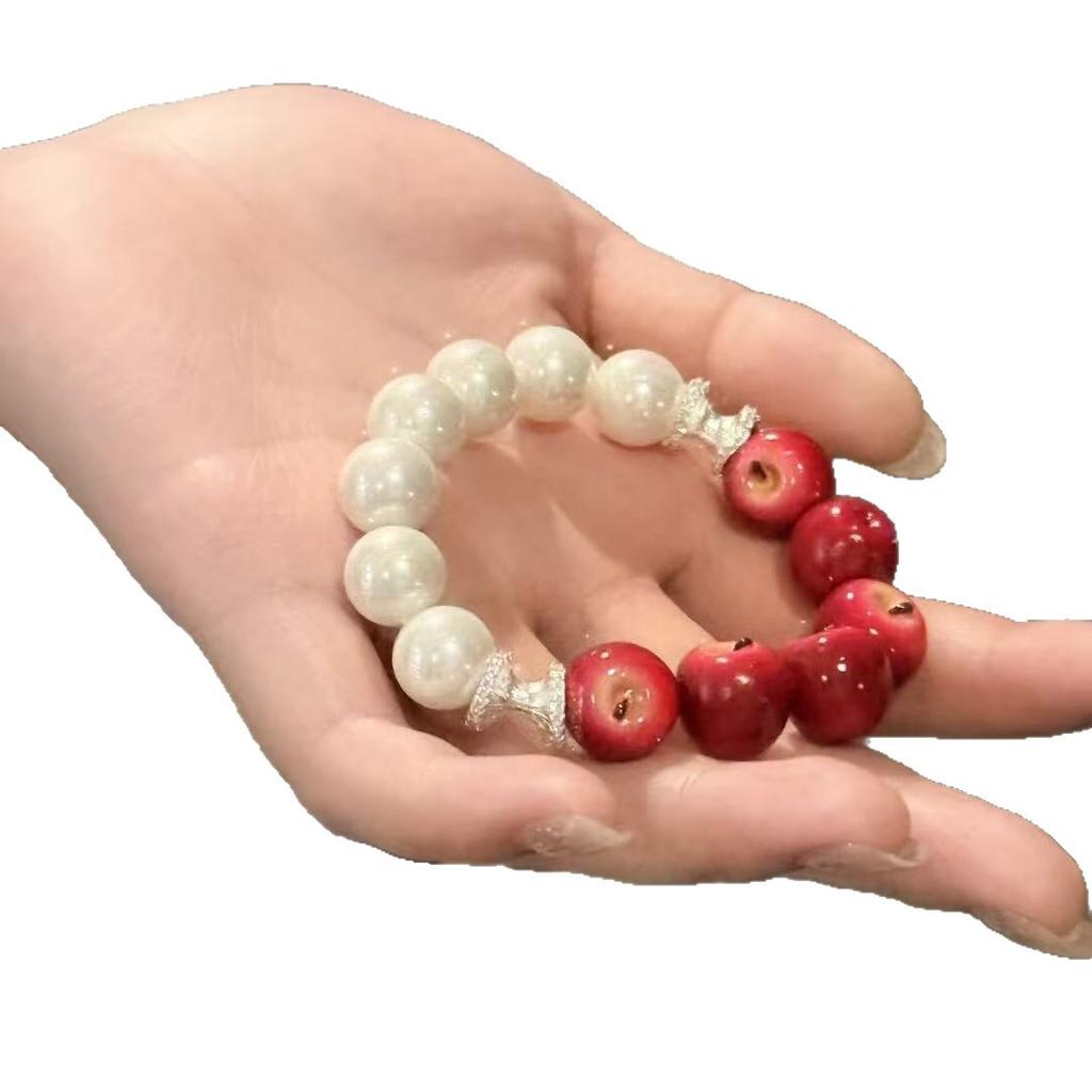 2026 New Red  White Apple Beaded Bracelet For Women Light Luxury Pearl Apple Elegant Delicate Bracelet