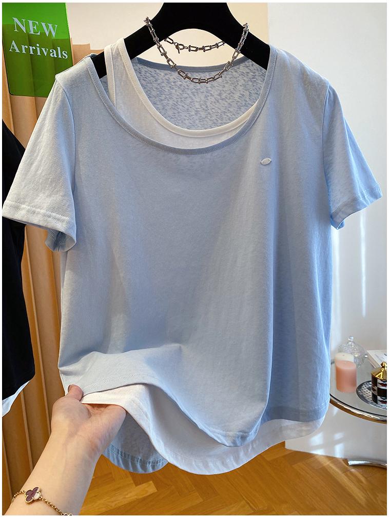 Plus Size Korean Snowflake Cotton Two-Piece Look T-Shirt, Women's Short Sleeve, Loose Casual Top (2026)