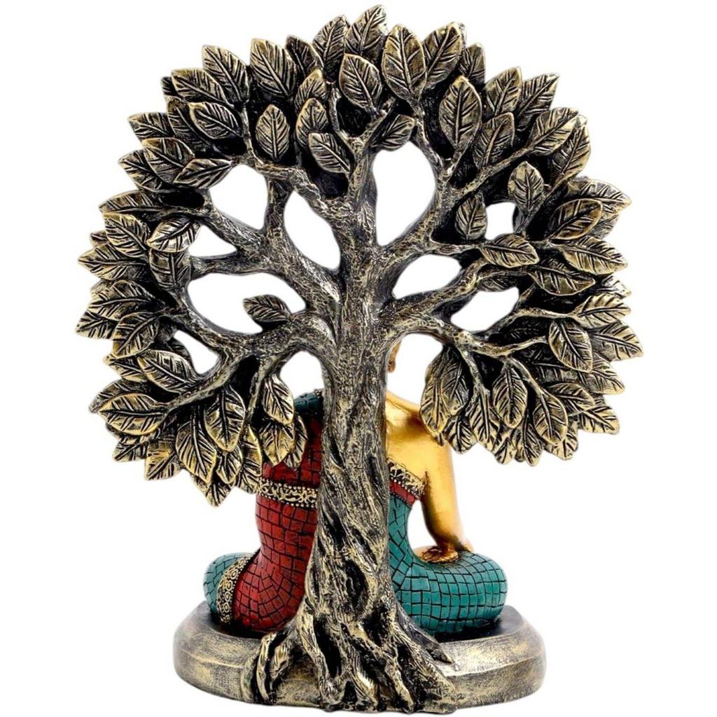 Tree Buddha Statue Showpiece Idol Home Decor Items for Living Room and Gifts Decorative Showpiece - 24 Cm  (Resin, Gold, Blue, Red)