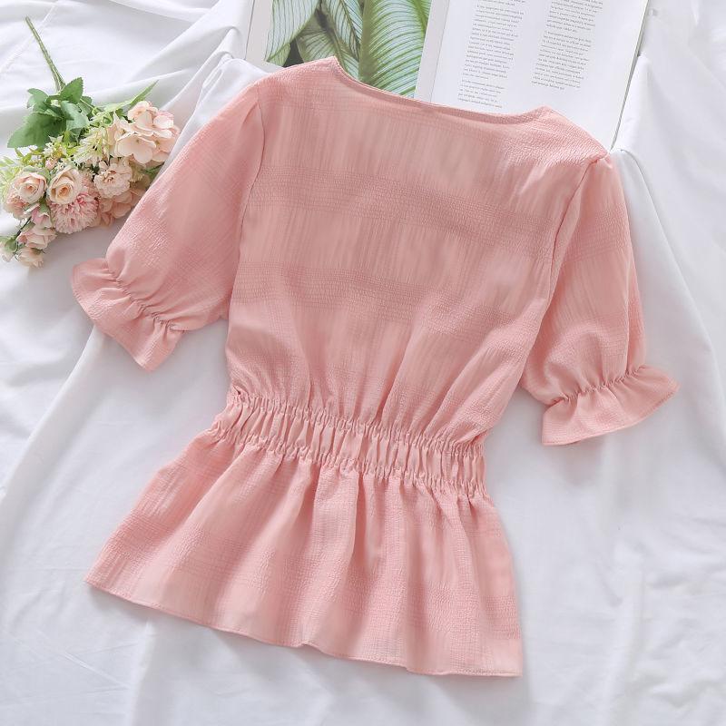 Summer Blouse Tunic Pleated Shirt All-match Solid Color Casual Blouse for Women