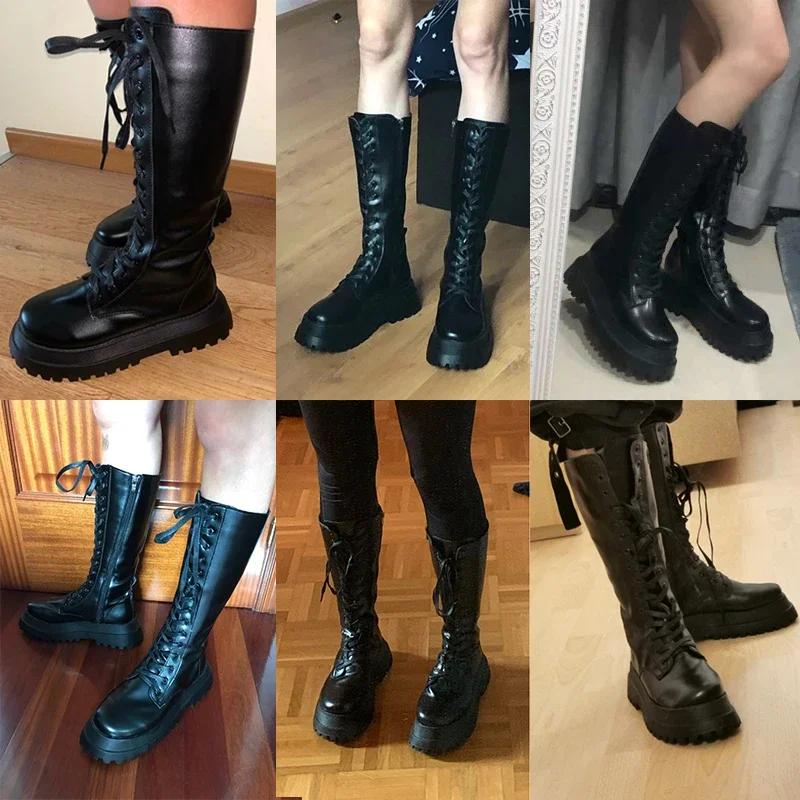 Fashion 2025 Fashion Chunky Platform Motorcycle Boots Women Autumn Winter Pu Leather Knee High Boots Woman Punk Thick Bottom Long Botas