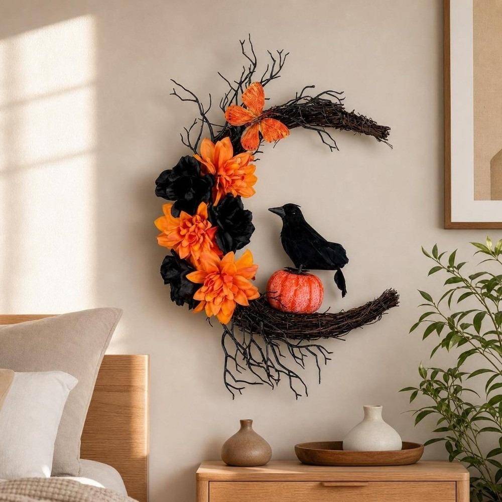 Plastic Cat Crow Wreath Gothic Style Artificial Flower Garland Halloween Wreath Window Wall Decor