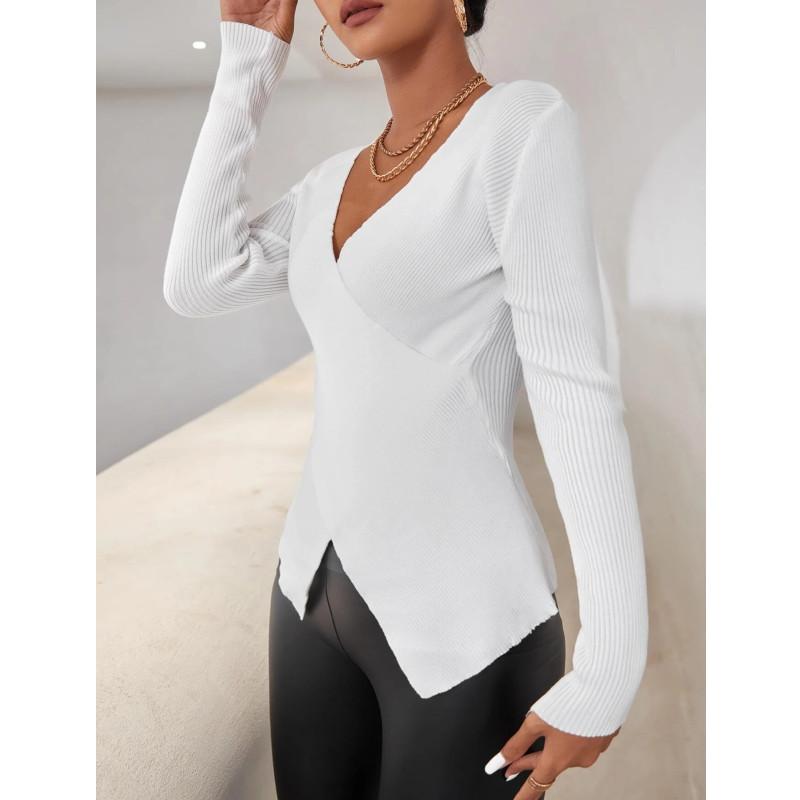 Damen Pullover, modisch, schlank, lässig, einfarbig, langärmelig, V-Ausschnitt, Wickeloptik, gerippter Strickpullover