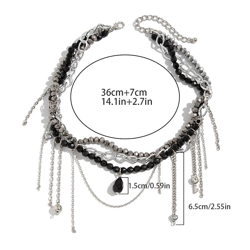 Collana Pendente Multi Strato con Nappa a Perla Rotonda a Forma di Cuore e Goccia d'Acqua Retro Gioielli per Ragazza Neri