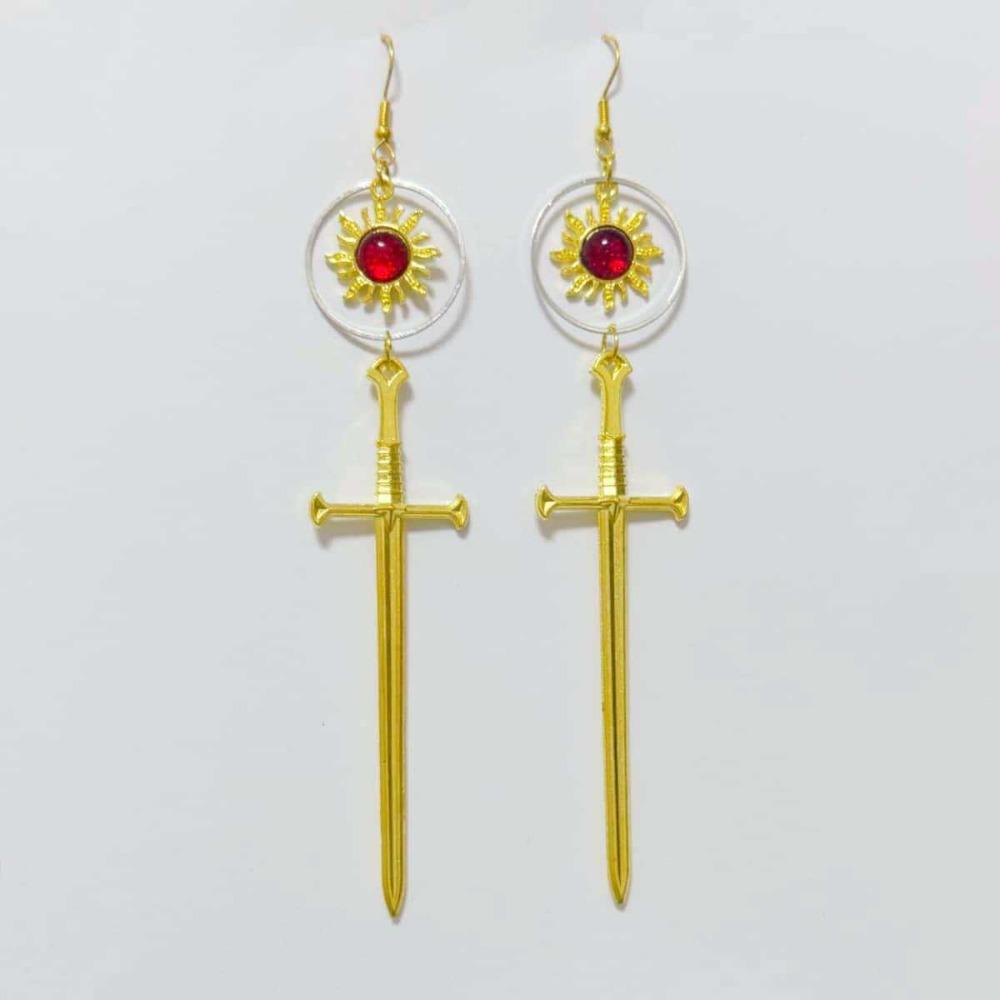 Dark Gothic Inlaid Red Crystals Gold Color Sun Sword Cross Dangle Earrings for Women Personality Retro Hallowmas Party Jewelry