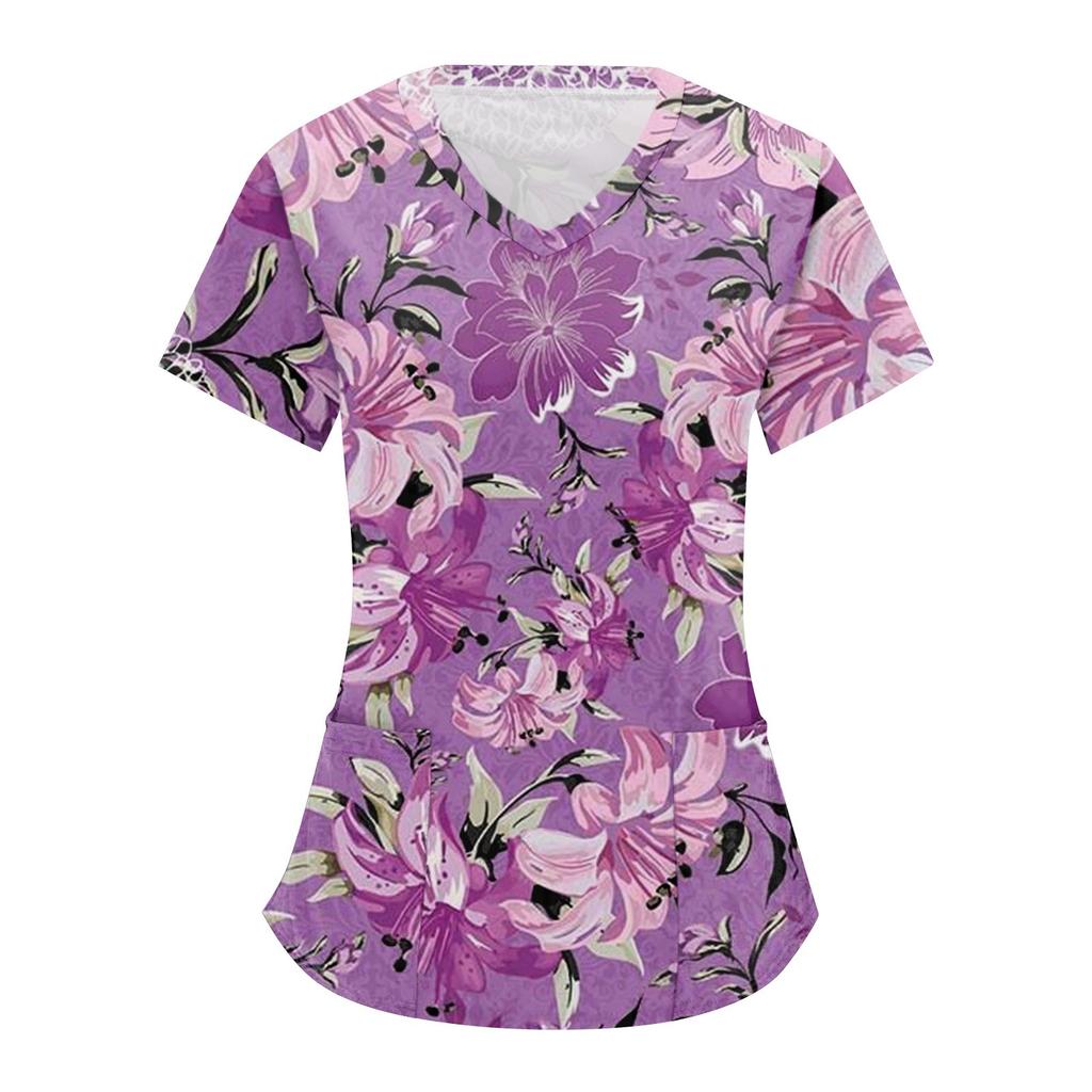 Women's Retro Floral Printed Short Sleeve V-neck Tops Working Pocket Blouse