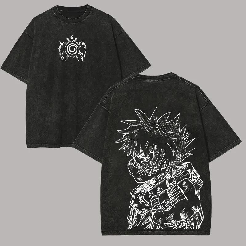 Naruto Uzumaki T Shirt Men Acid Wash Back Print Sketch Anime Graphic Cotton Streetwear Manga Seal Vintage Bootleg Tee